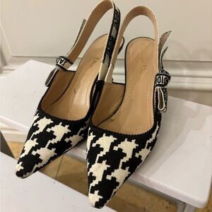 Dior Black & White Houndstooth Pointed Slingback Pumps
